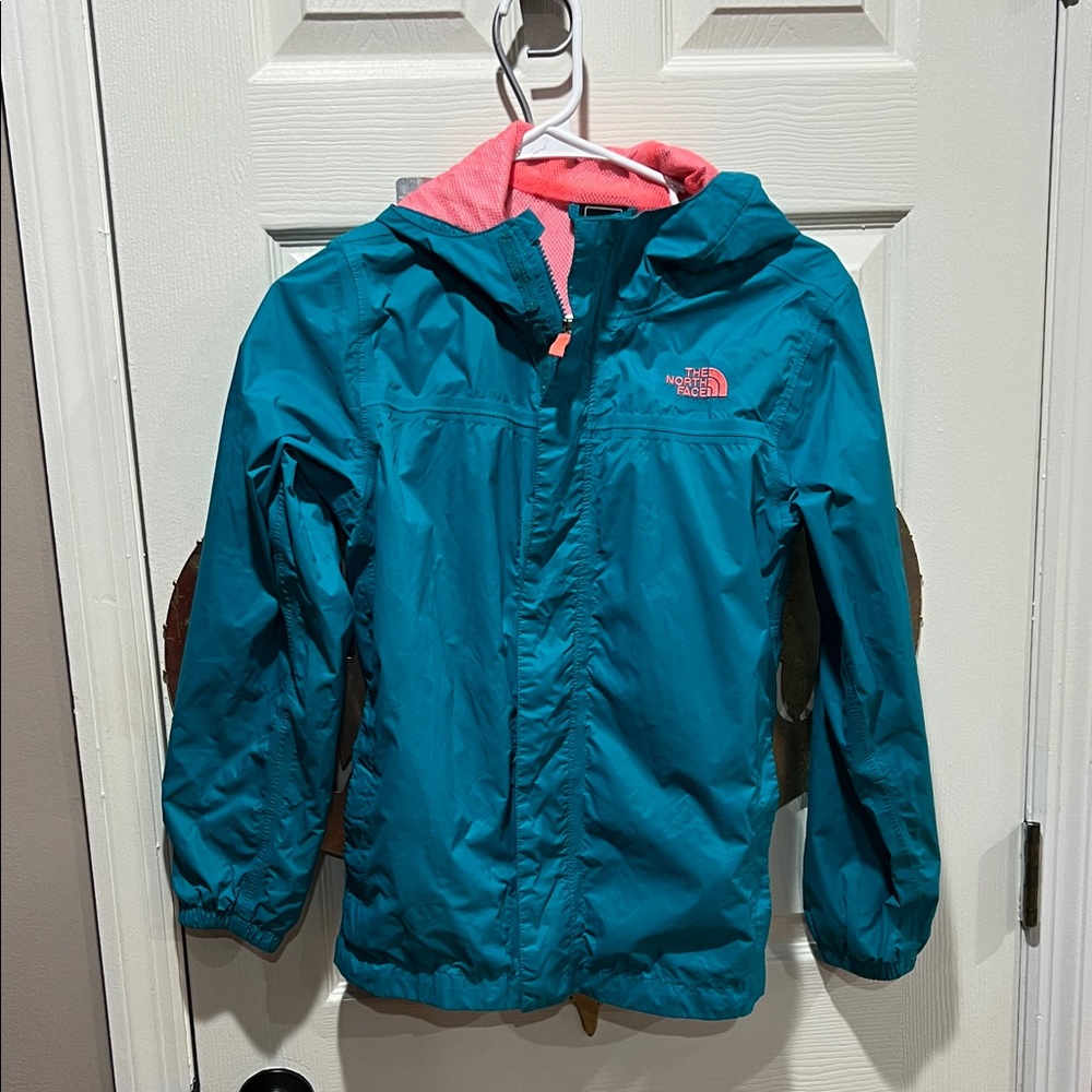 The North Face Turquoise and Coral Jacket Girls 14/16 Large Rain Coat